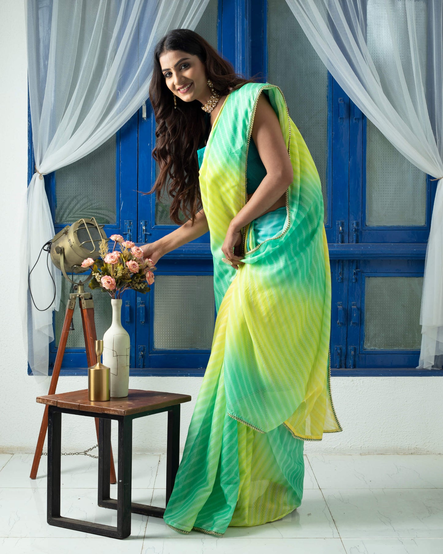 Lemon Yellow And Forest Green Ombre Pattern Digital Print Kota Doria Saree With Sequins Lace Border