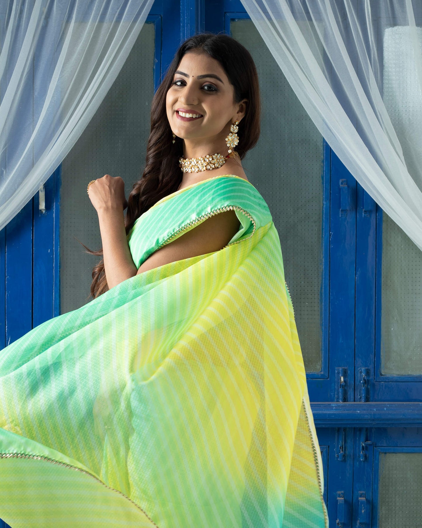 Lemon Yellow And Forest Green Ombre Pattern Digital Print Kota Doria Saree With Sequins Lace Border