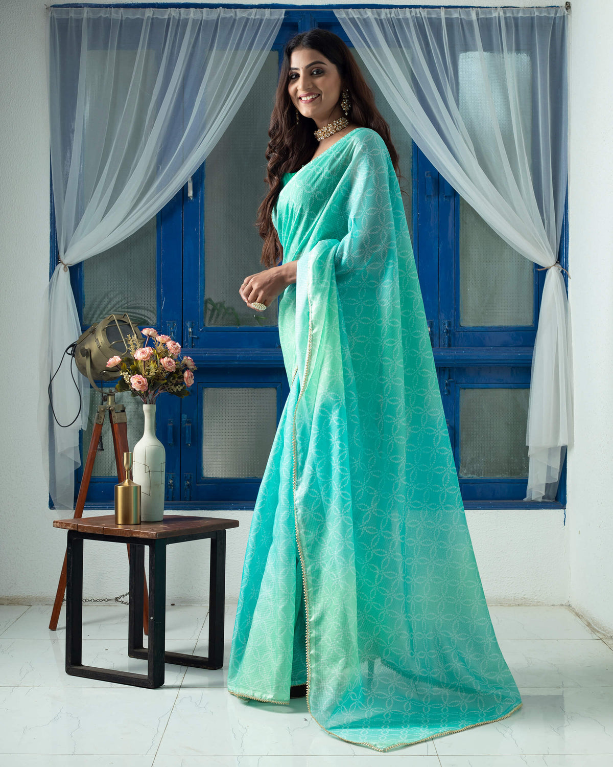 Pale Turquoise And Mint Green Bandhanii Pattern Digital Print Kota Doria Saree With Zari Lace Border
