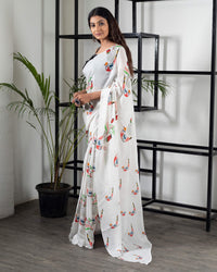 White And Red Bird Pattern Digital Print Natural Crepe Saree With Tassels