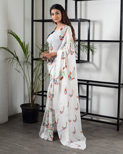 White And Red Bird Pattern Digital Print Natural Crepe Saree With Tassels