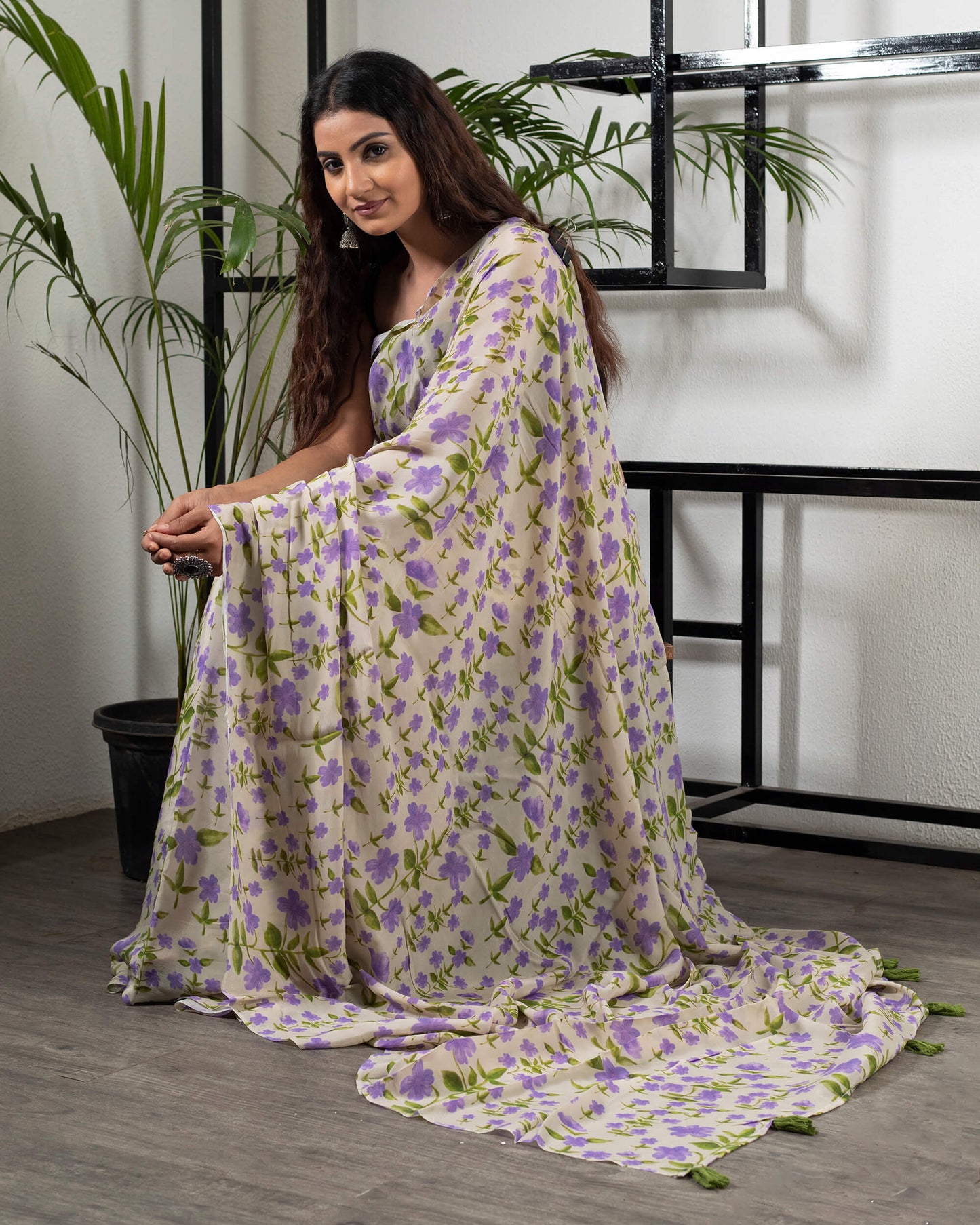 Grape Purple And Oat Beige Floral Pattern Digital Print Natural Crepe Saree With Tassels
