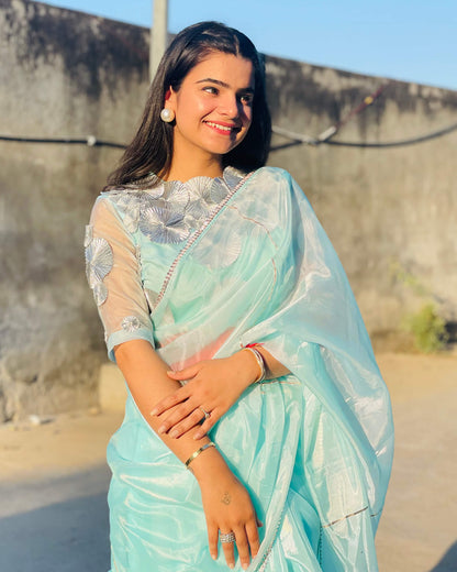 Pastel Blue Plain Silver Zari Gotta Patti Work Liquid Organza Saree With Tubular Beads Sequins Lace
