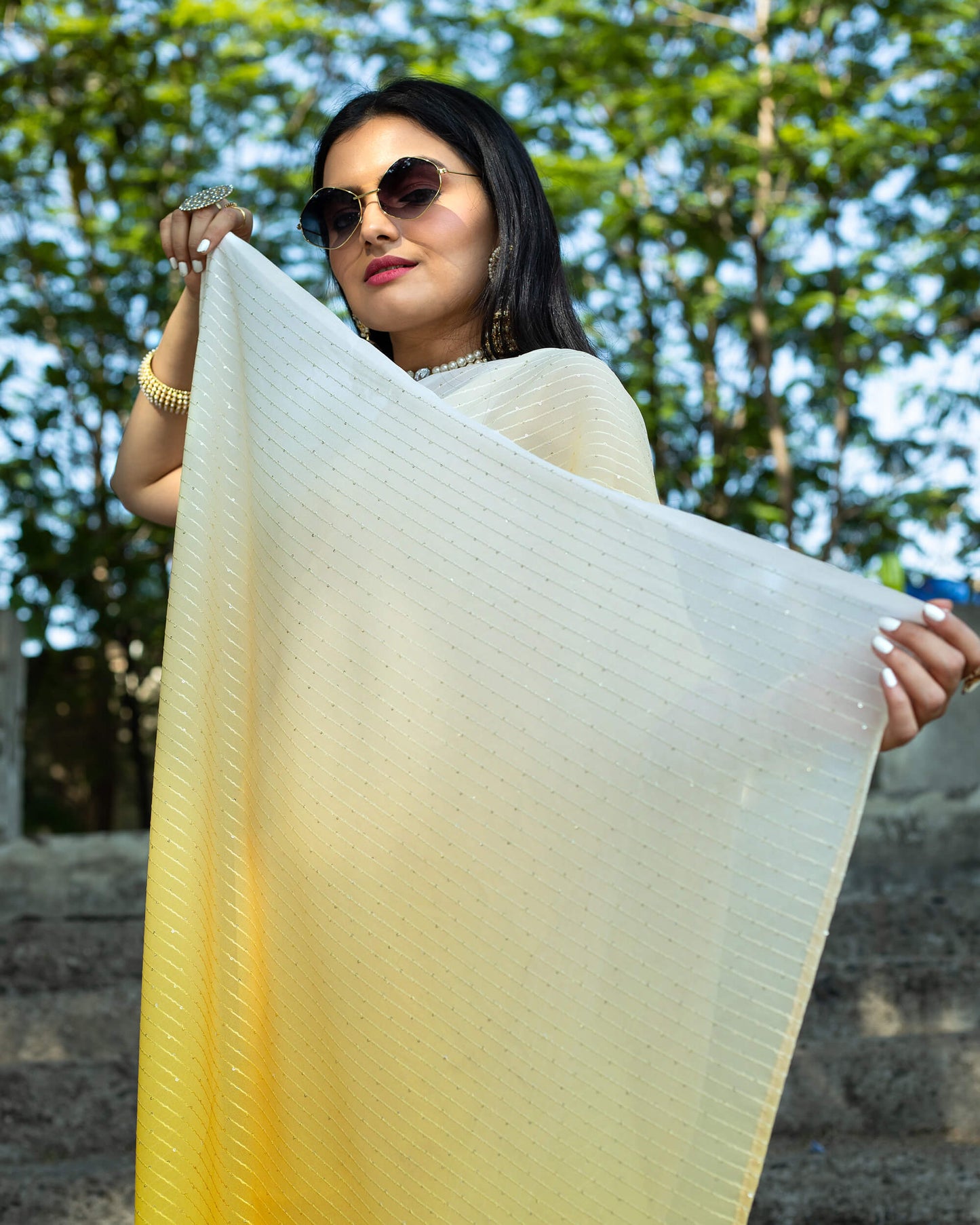 Honey Yellow Ombre Pattern Premium Sequins Georgette Pre-Draped Saree