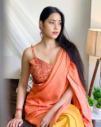 Coral Peach And Honey Yellow Plain Half Poly Cotton Slub Saree With Tassels