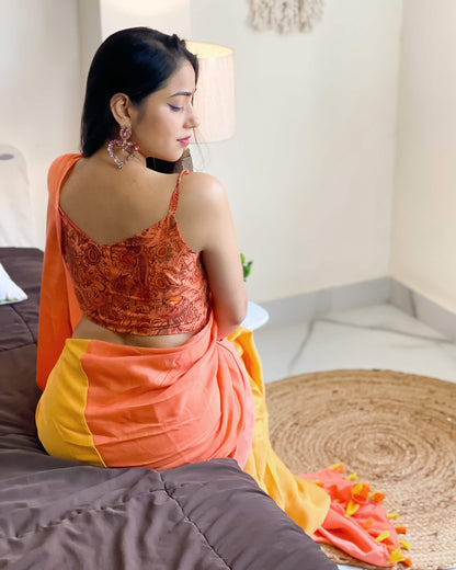 Coral Peach And Honey Yellow Plain Half Poly Cotton Slub Saree With Tassels