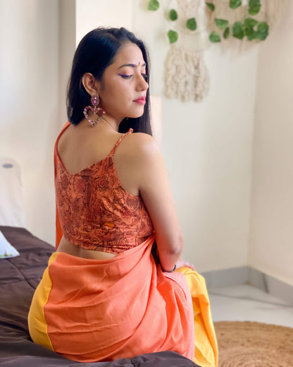 Coral Peach And Honey Yellow Plain Half Poly Cotton Slub Saree With Tassels