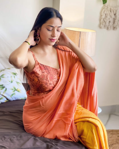 Coral Peach And Honey Yellow Plain Half Poly Cotton Slub Saree With Tassels