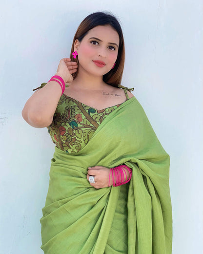 Turquoise And Parrot Green Plain Half Poly Cotton Slub Saree With Tassels