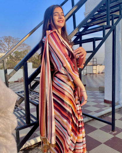 Multi-Color Stripes Pattern Shimmer Tisshu Saree