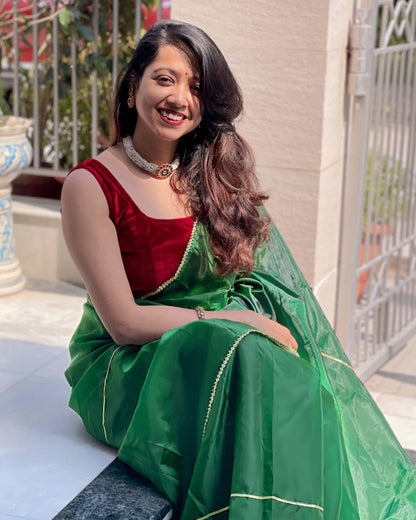 Pine Green Gloden Zari Gotta Patti Work Organza Satin Saree With Tubular Beads Sequins Lace