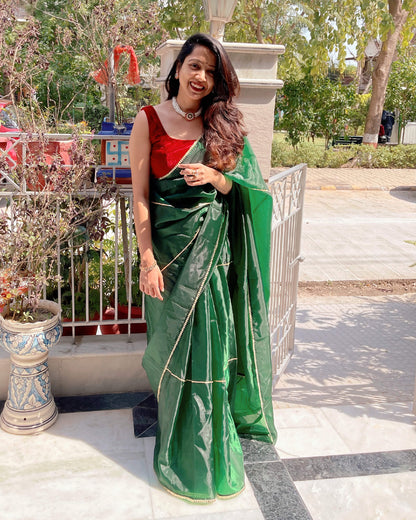 Pine Green Gloden Zari Gotta Patti Work Organza Satin Saree With Tubular Beads Sequins Lace