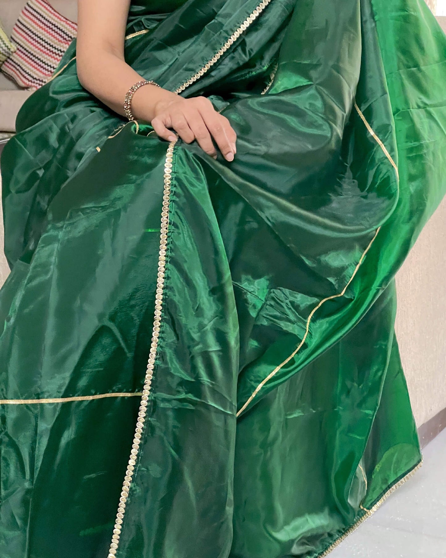 Pine Green Gloden Zari Gotta Patti Work Organza Satin Saree With Tubular Beads Sequins Lace