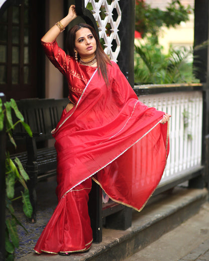 Mehogany Red Golden Zari Gotta Patti Work Organza Satin Saree With Tubular Beads Sequins Lace Border.