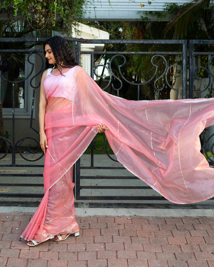 Flamingo Pink Silver Zari Gotta Patti Work Liquid Organza Saree With Tubular Beads Sequins Lace Border