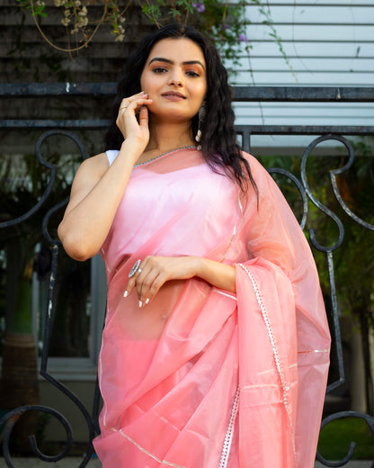 Flamingo Pink Silver Zari Gotta Patti Work Liquid Organza Saree With Tubular Beads Sequins Lace Border