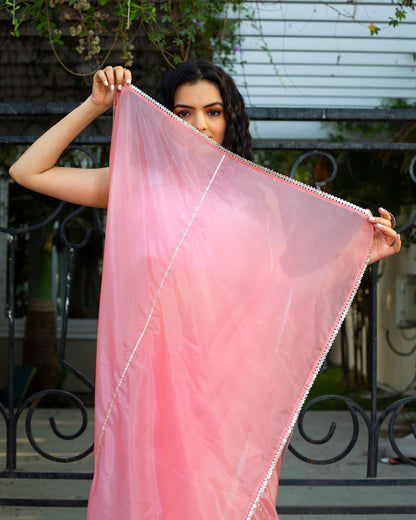 Flamingo Pink Silver Zari Gotta Patti Work Liquid Organza Saree With Tubular Beads Sequins Lace Border