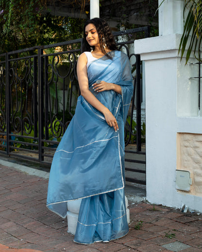 Carolina Blue Golden Zari Gotta Patti Work Organza Satin Saree With Tubular Beads Sequins Lace Border
