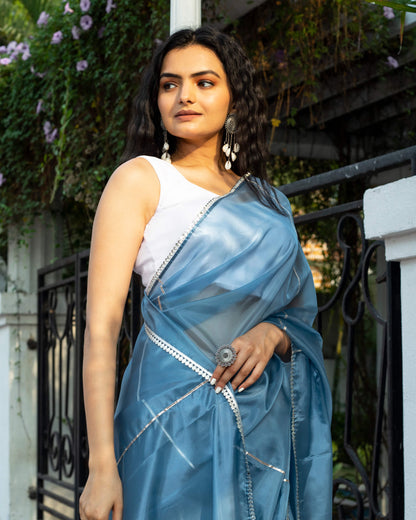 Carolina Blue Golden Zari Gotta Patti Work Organza Satin Saree With Tubular Beads Sequins Lace Border