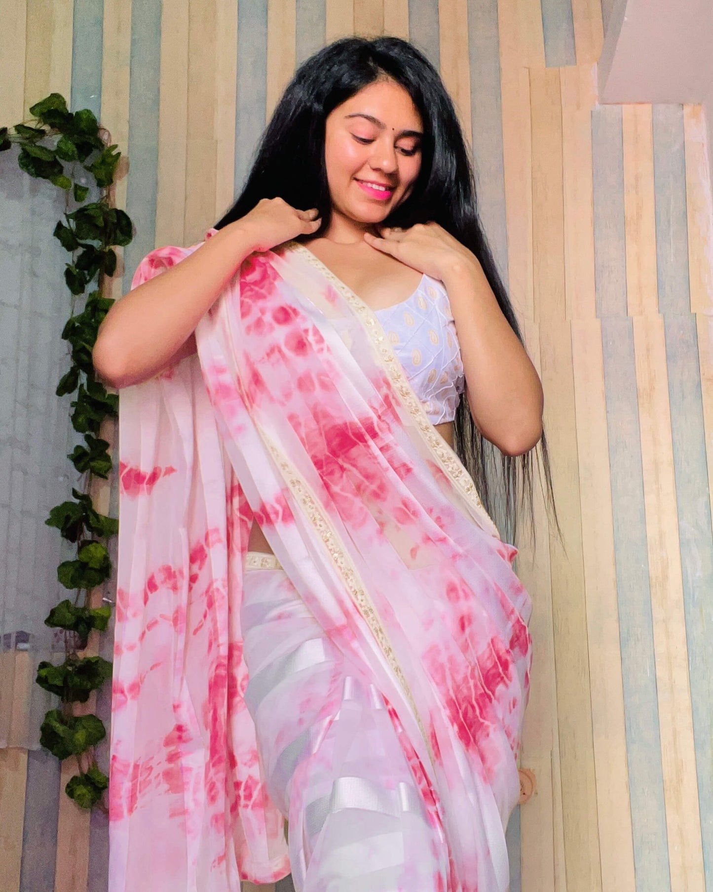 Deep Pink And White Shibori Hand Tie & Dye Stripes Lurex Jacquard Georgette Saree With Embroidery Lace Border
