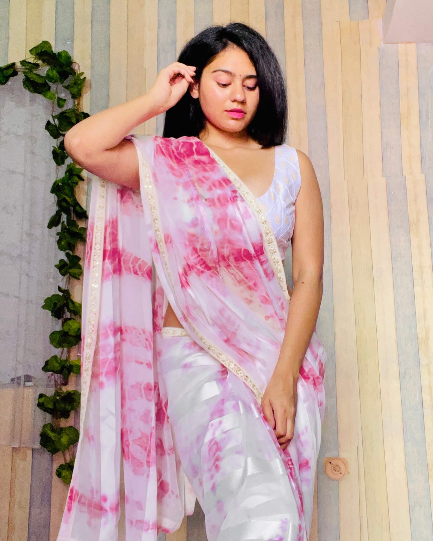 Deep Pink And White Shibori Hand Tie & Dye Stripes Lurex Jacquard Georgette Saree With Embroidery Lace Border