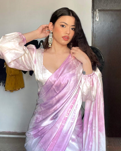 Lilac Purple And White Shiiborii Hand Tye And Dye Japan Satin Saree