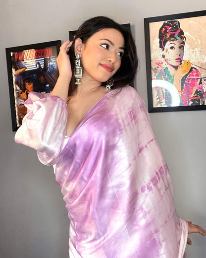 Lilac Purple And White Shiiborii Hand Tye And Dye Japan Satin Saree