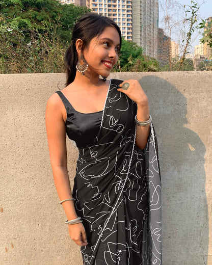 Black And White Abstract Pattern Digital Print Georgette Saree With Pearl Work Lace Border