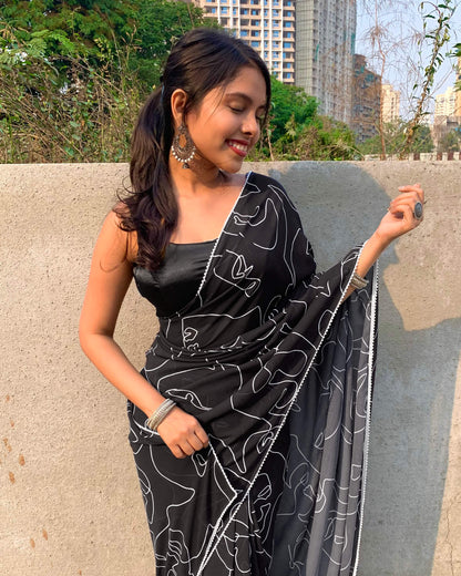 Black And White Abstract Pattern Digital Print Georgette Saree With Pearl Work Lace Border
