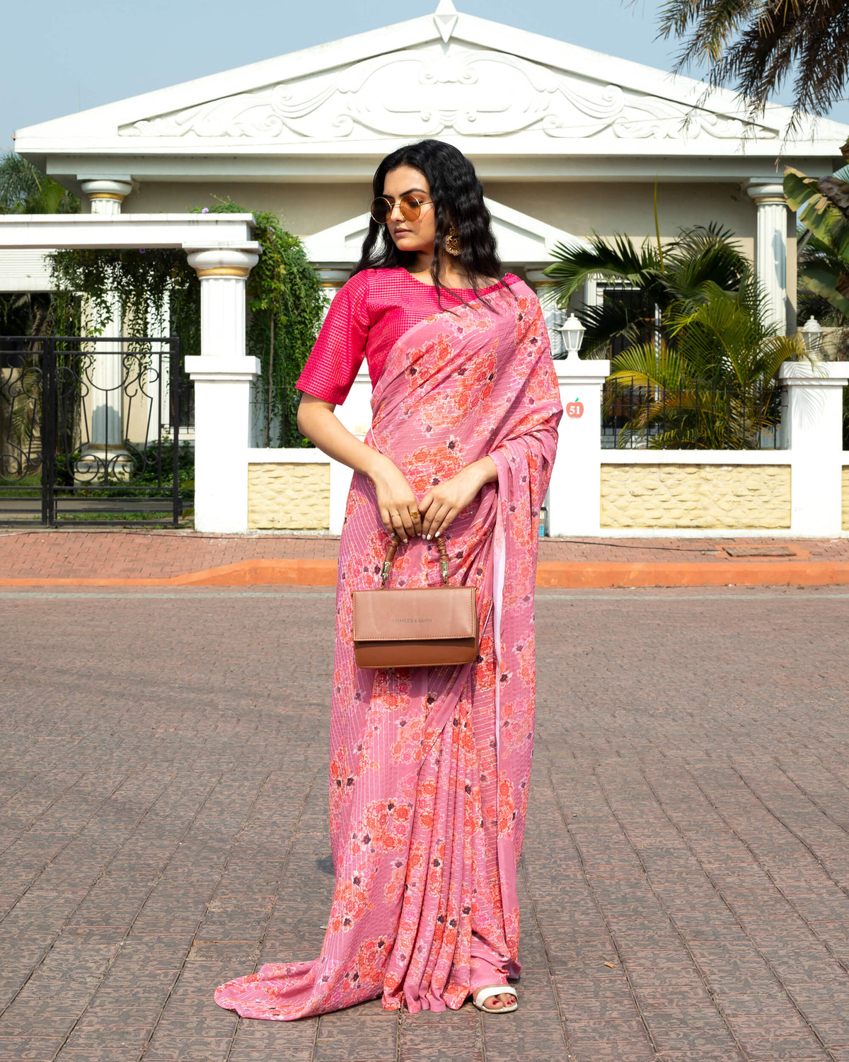 Rose Pink and Orange Floral Pattern Premium Sequins Georgette Saree