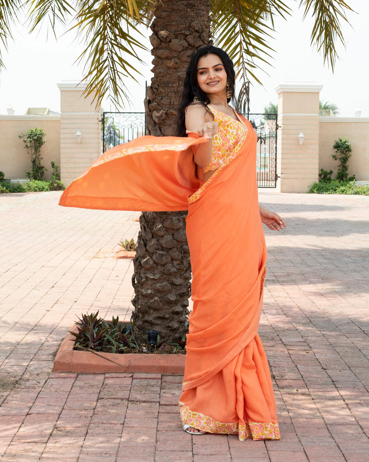 Salmon Orange Plain Poly Cotton Slub Saree With Printed Lace Border