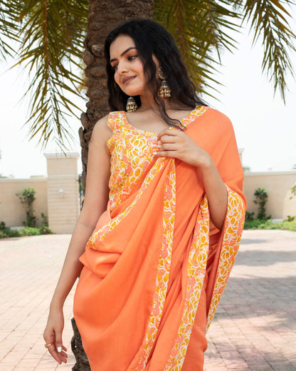Salmon Orange Plain Poly Cotton Slub Saree With Printed Lace Border