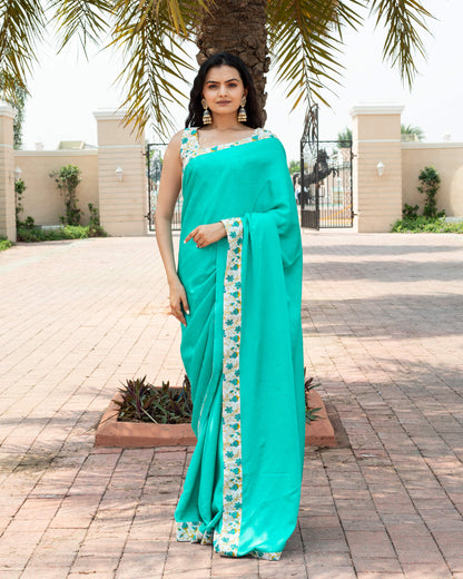 Turquoise Plain Poly Cotton Slub Saree With Printed Lace Border