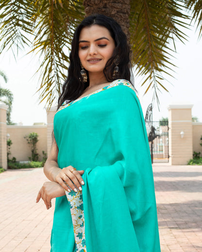 Turquoise Plain Poly Cotton Slub Saree With Printed Lace Border