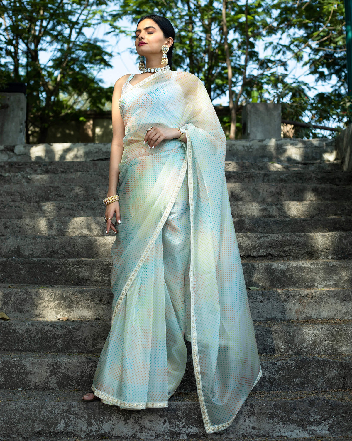 White And Blue Polka Dots Pattern Digtal Print Organza Satin Saree