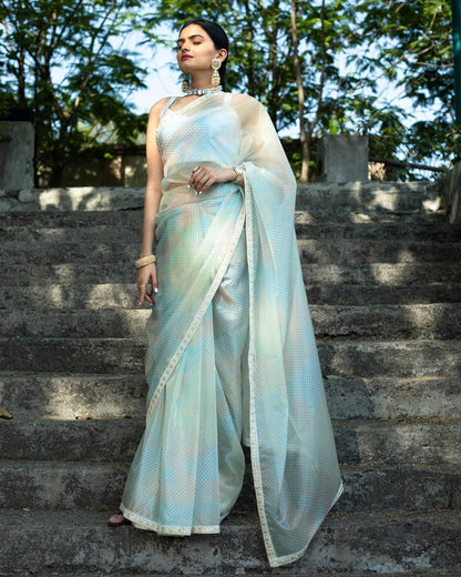 White And Blue Polka Dots Pattern Digtal Print Shimmer Tisshu Saree