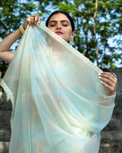 White And Blue Polka Dots Pattern Digtal Print Shimmer Tisshu Saree