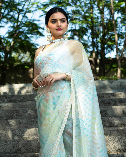 White And Blue Polka Dots Pattern Digtal Print Shimmer Tisshu Saree