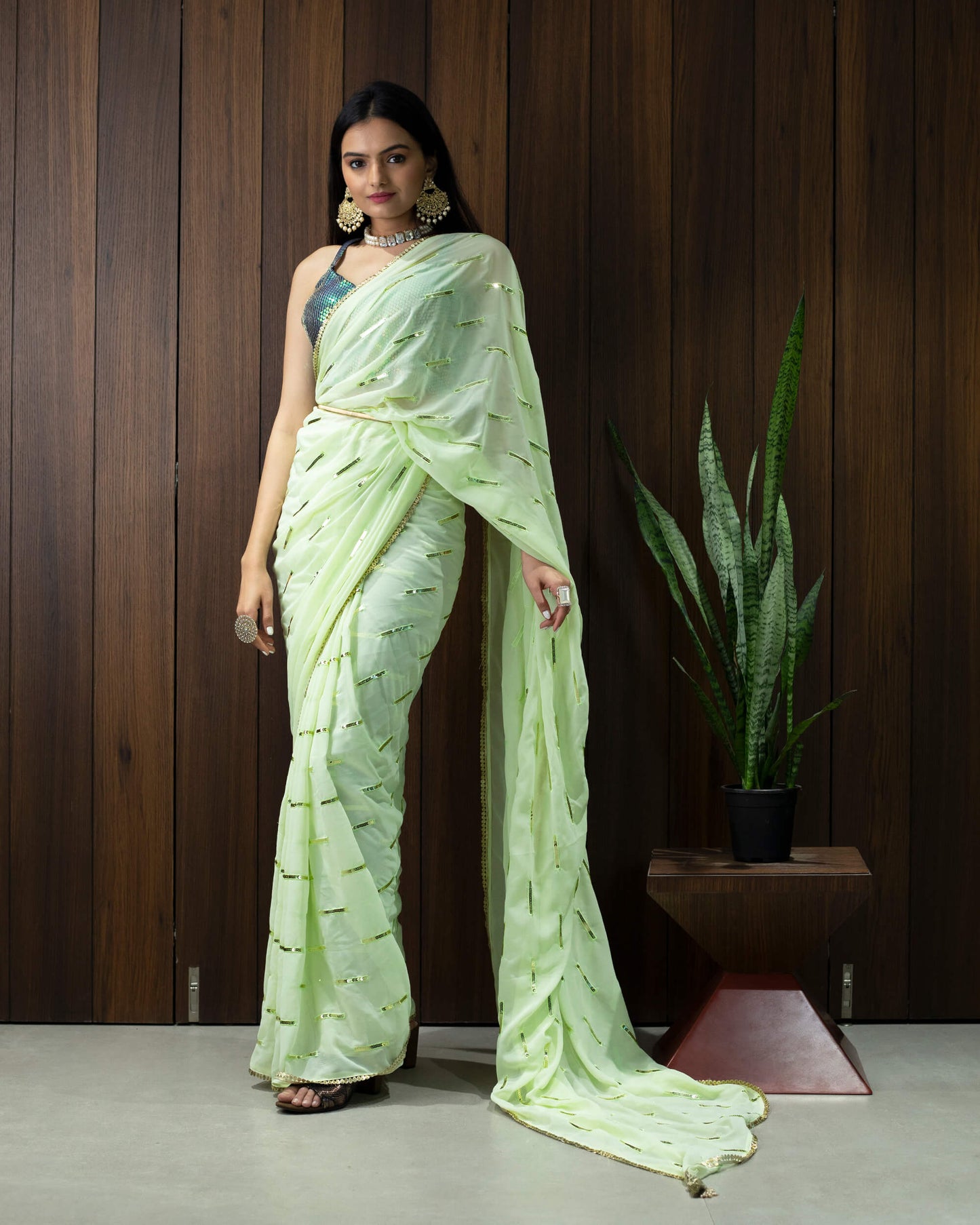 Tea Green Stripes Patten Sequins Embroidery Georgette Pre-Draped Saree With Tubular Beads Sequins Lace