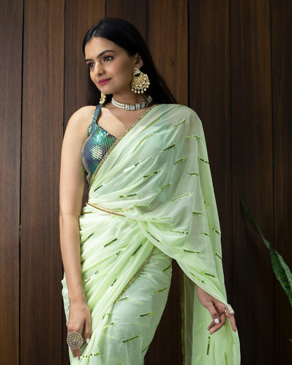 Tea Green Stripes Patten Sequins Embroidery Georgette Pre-Draped Saree With Tubular Beads Sequins Lace