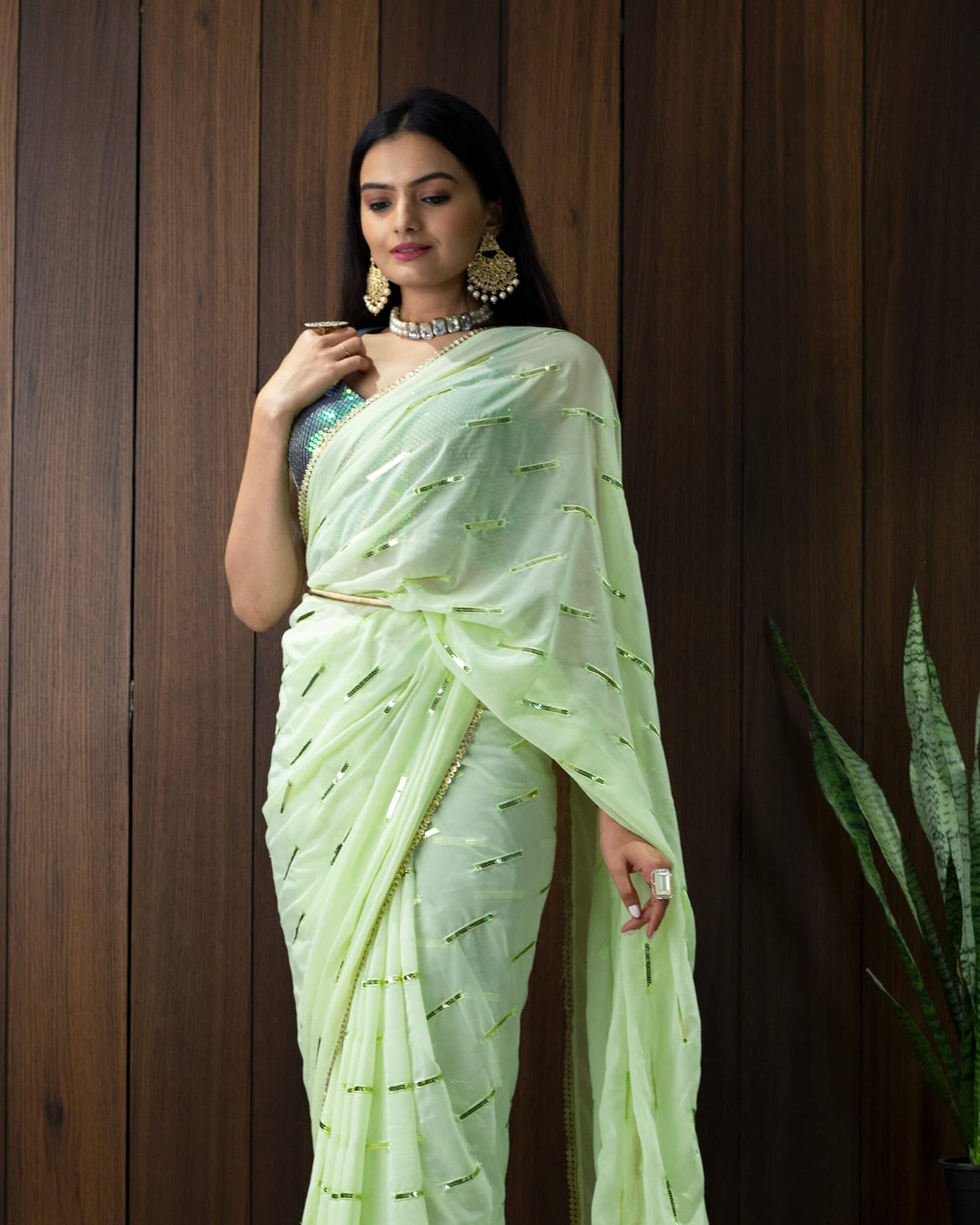 Tea Green Stripes Patten Sequins Embroidery Georgette Pre-Draped Saree With Tubular Beads Sequins Lace