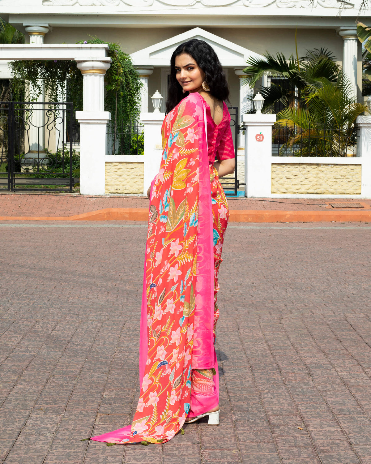 Coral Red And Olive Green Floral Pattern Digital Print Georgette Saree With Tassels