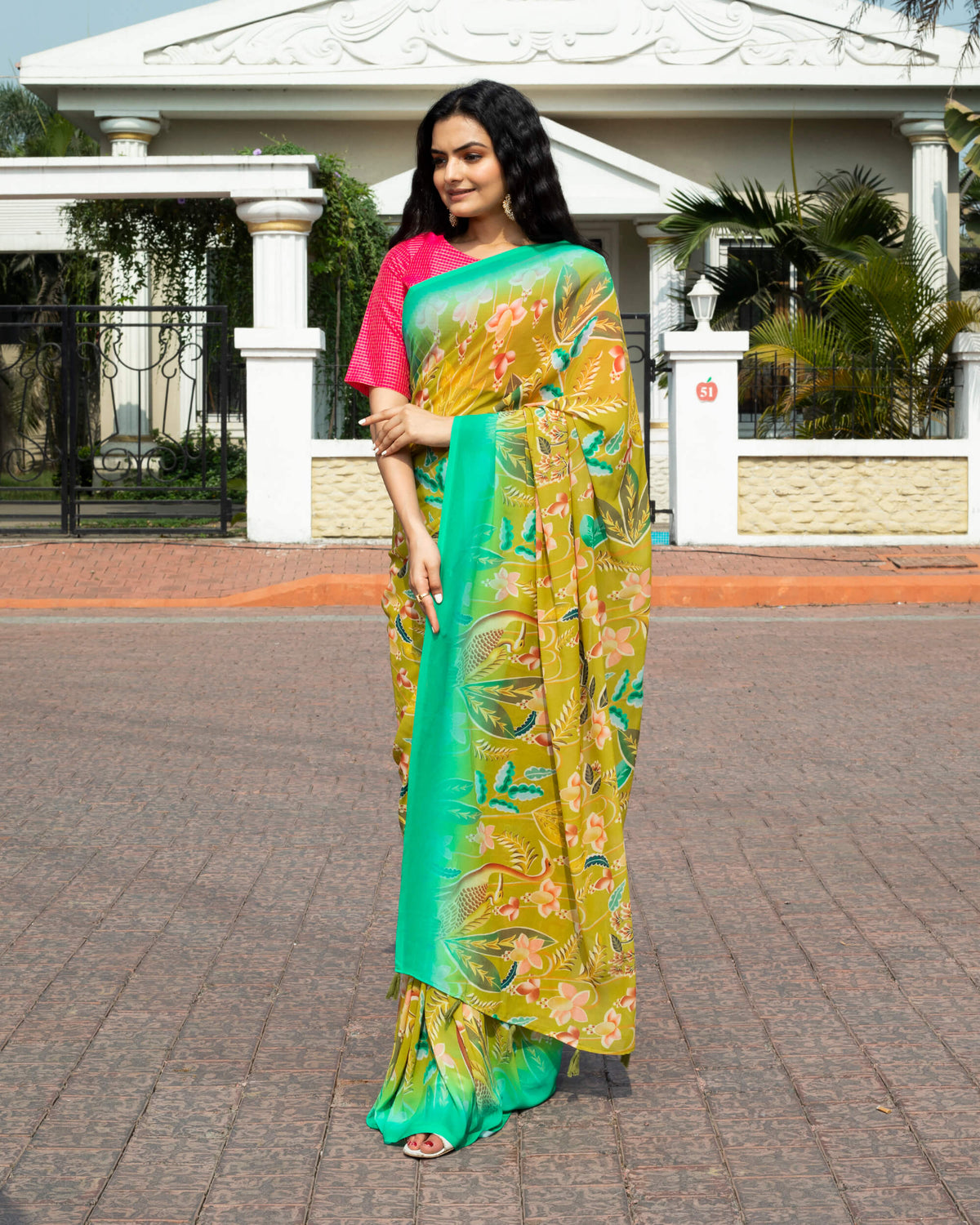 Olive Green And Pink Floral Pattern Digital Print Georgette Saree With Tassels