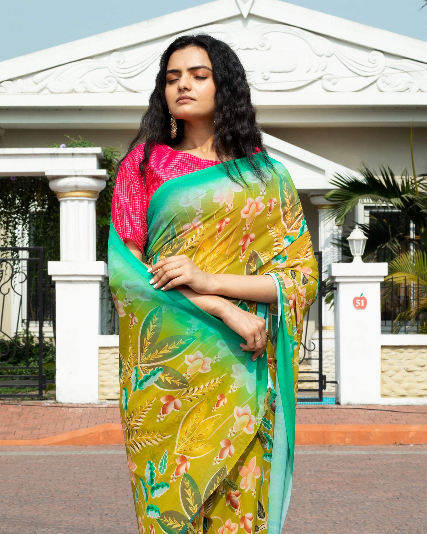 Olive Green And Pink Floral Pattern Digital Print Georgette Pre-Draped Saree With Tassels