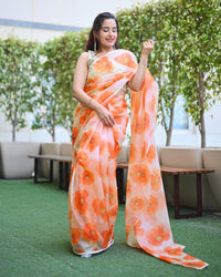 White And Orange Floral Pattern Shimmer Tisshu Saree With Foil Mirror Wrok Lace Border