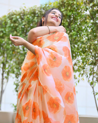 White And Orange Floral Pattern Shimmer Tisshu Saree With Foil Mirror Wrok Lace Border