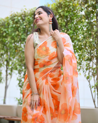 White And Orange Floral Pattern Shimmer Tisshu Saree With Foil Mirror Wrok Lace Border