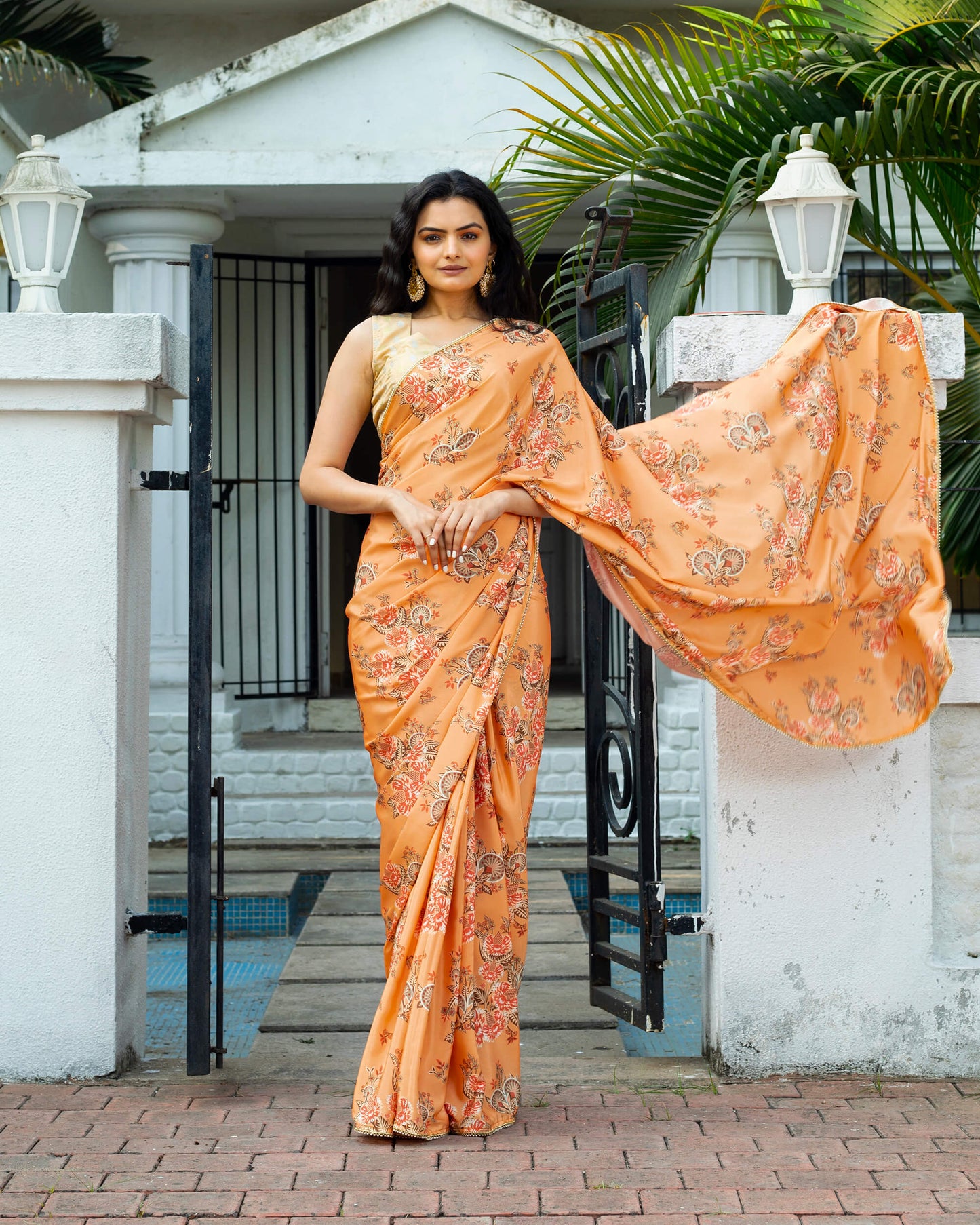 Royal Orange And Red Floral Pattern Digital Print Crepe Silk Saree With Pearl Work Lace Border