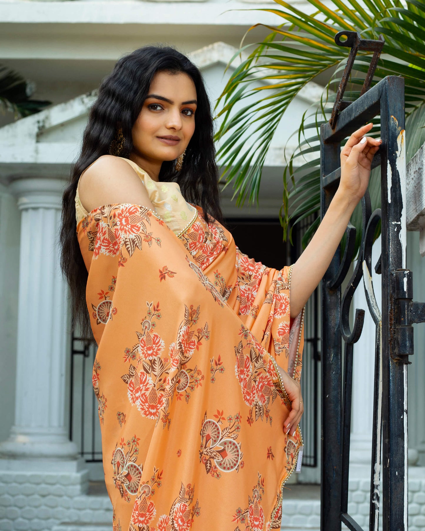 Royal Orange And Red Floral Pattern Digital Print Crepe Silk Saree With Pearl Work Lace Border