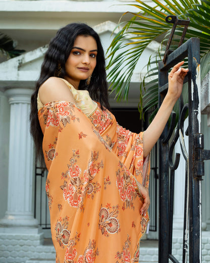 Royal Orange And Red Floral Pattern Digital Print Crepe Silk Saree With Pearl Work Lace Border